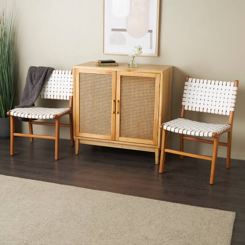 Brown, Black, White Leather Handmade Woven Kitchen Dining Chair with Teak Wood Frame