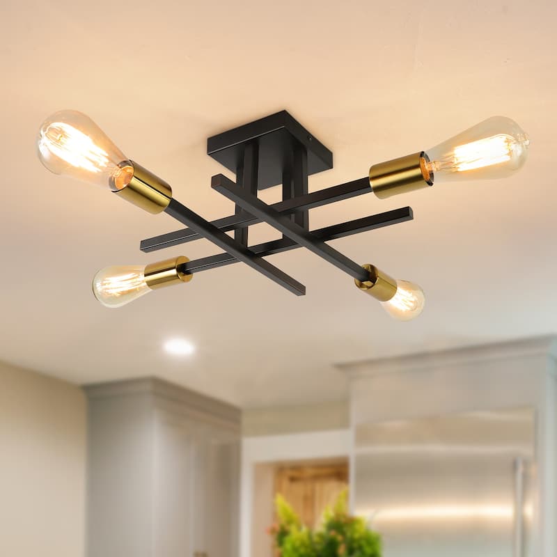 4-Light Modern Semi-Flush Mount Light for Kitchen Bedroom Living Room - Black+Gold