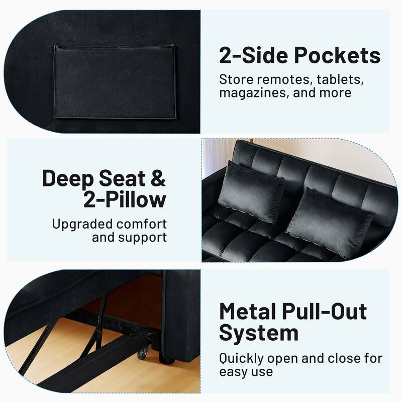 3-in-1 Convertible Sleeper Loveseat Pull Out Twin Size Suede Sofa Bed with 2 Pillows & Pocket