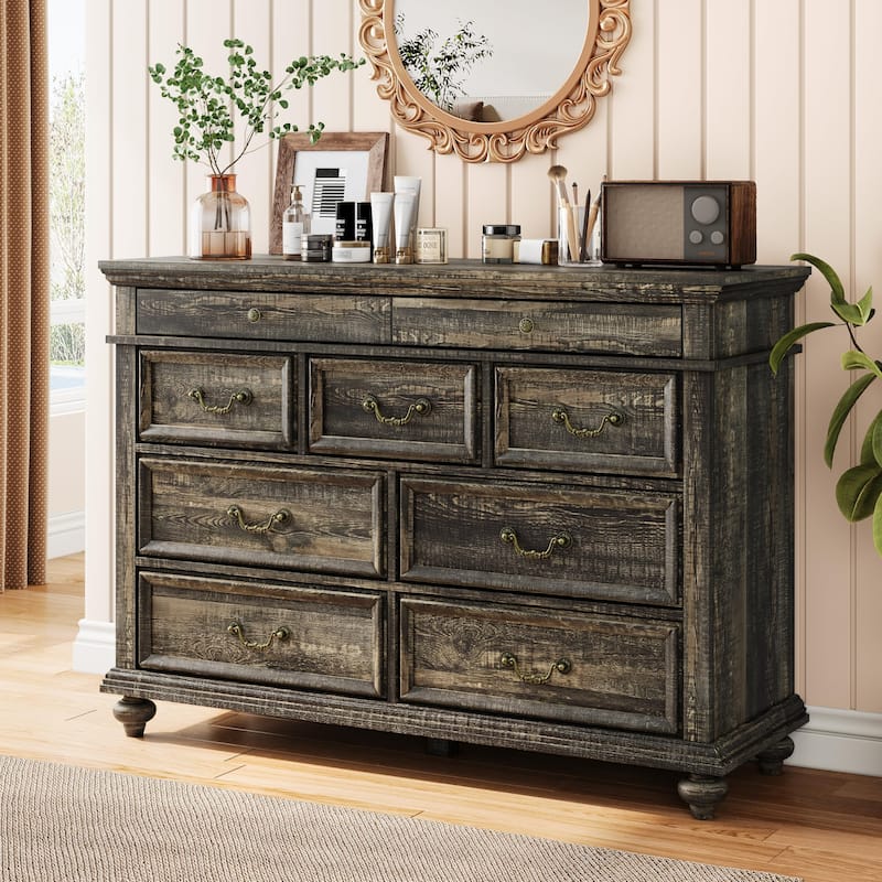 7/9 Drawer Dresser with Jewelry Storage, Rustic Wood Chest with Metal Handles, Vintage Storage Organizer - 9-drawer - Black