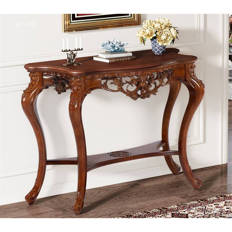 Classic Carving Two-Tier Console Table for Entryway Living Room - Cherry