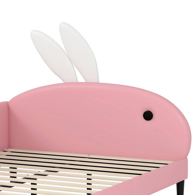 Pink Kids Bed Lovely Rabbit-Shape Daybed with Soft Backrest and Rabbit-ear Headboard, Platform Daybed Frame for Kids' Rooms