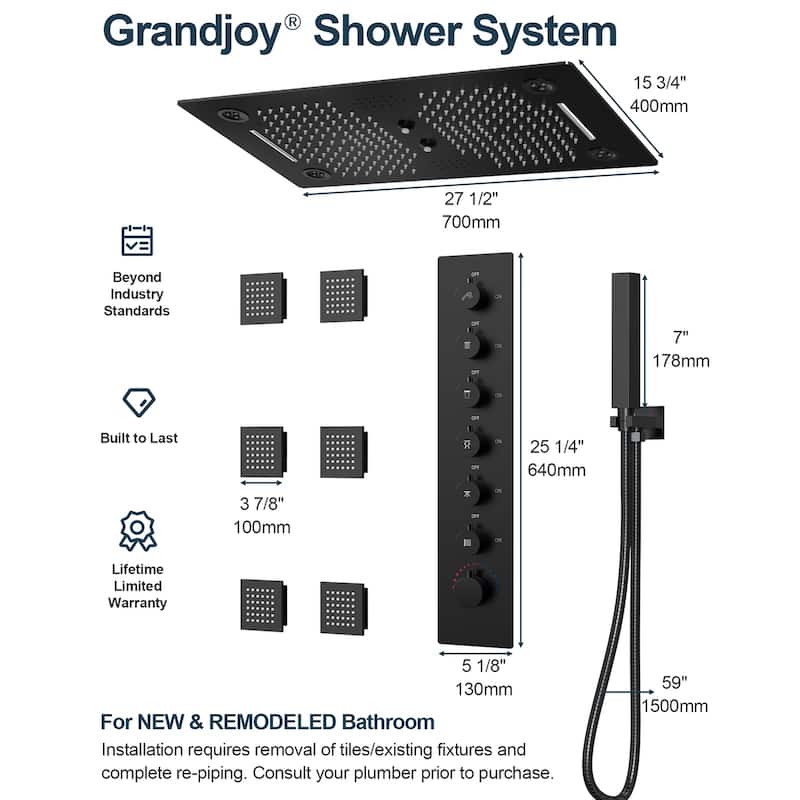GRANDJOY LED Shower System 28" Luxury Shower Head with 6 Body Jets
