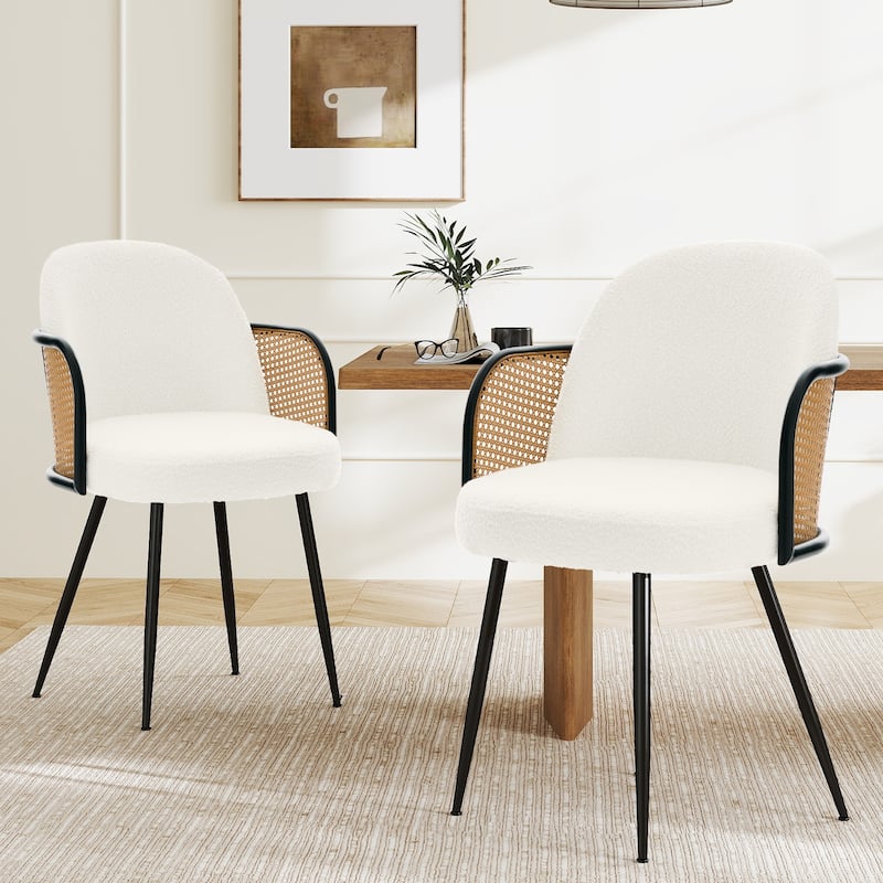Upholstered Rattan Dining Chairs Set of 2, Arm Side Chair - 21.8" W x 24.2" D x 33" H - Set of 2 - White