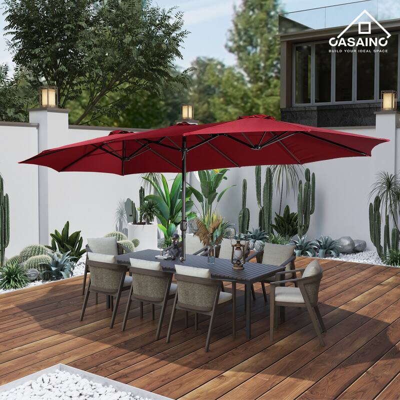 15-ft. Rectangular Crank Double-sided Large Outdoor Market Umbrella Patio Umbrella with Base Included - Red