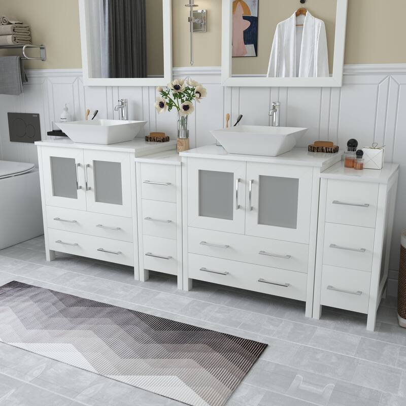 Vanity Art 84-inch Double Sink Bathroom Vanity Set with Engineered Marble Top and Free Mirror - 84 x 18.5 x 36 Inches