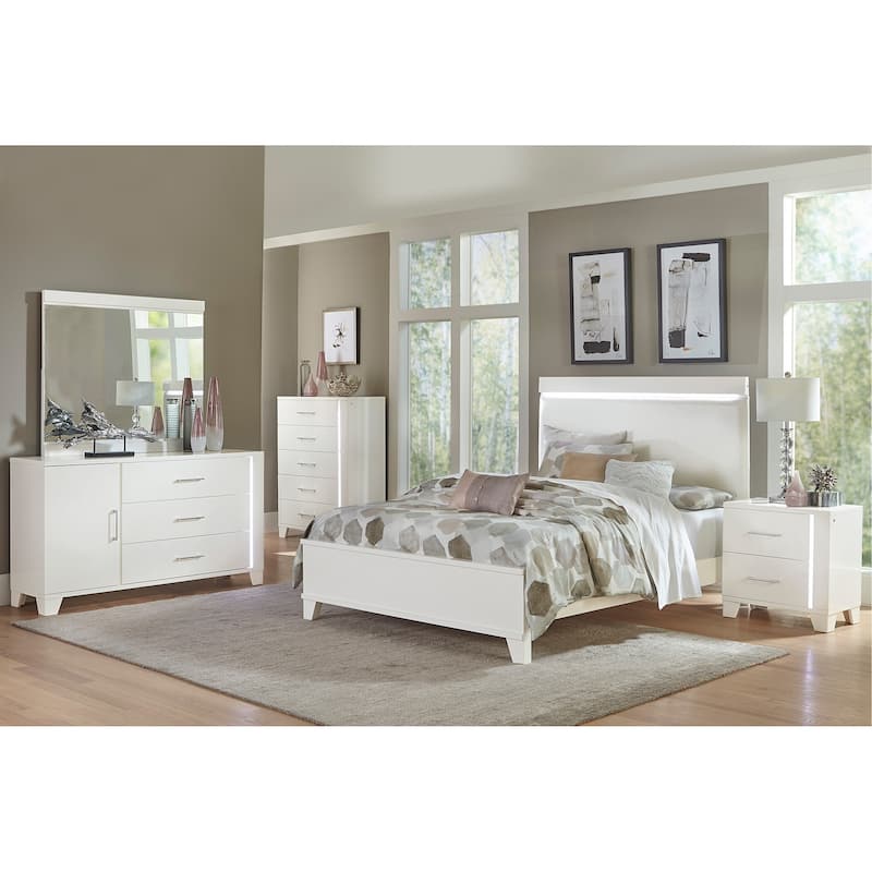 Modern Glam LED Bedroom 5pc Set White Bed Nightstand Dresser Mirror Chest