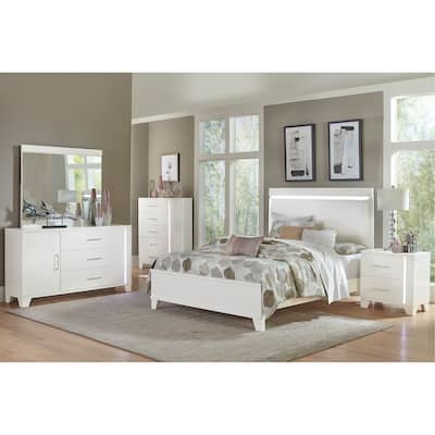 Modern Glam LED Bedroom 5pc Set White Bed Nightstand Dresser Mirror Chest