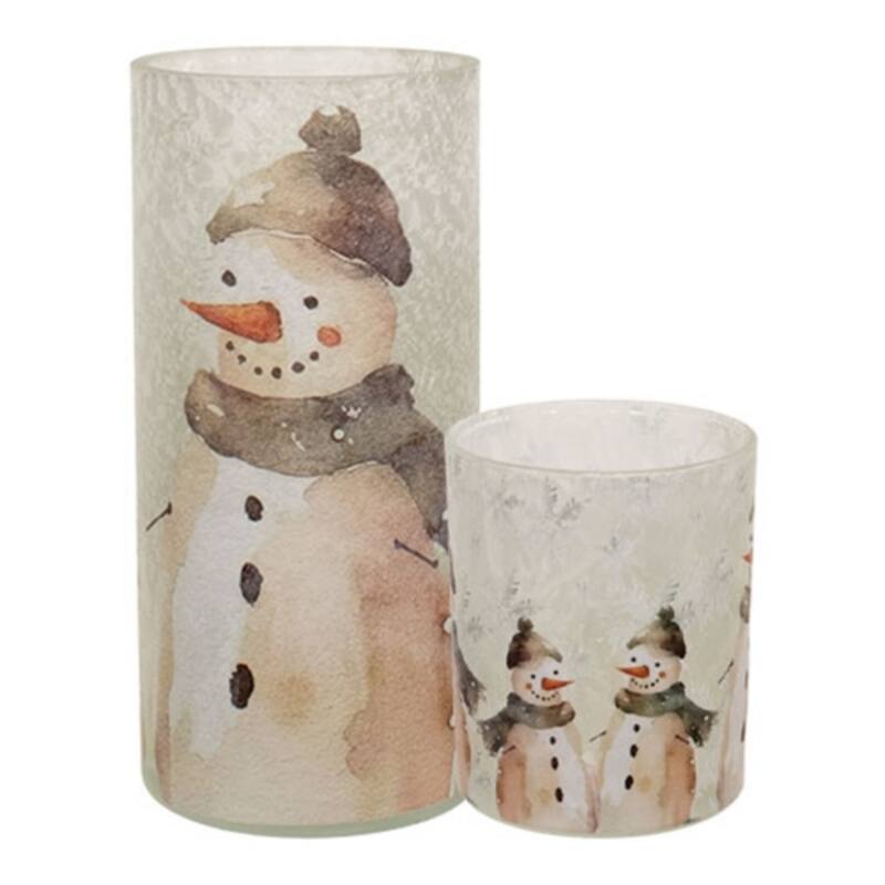 2/Set Glass Candle Jars with Frosted Snowman Design - 4” x 3.5” - Multi