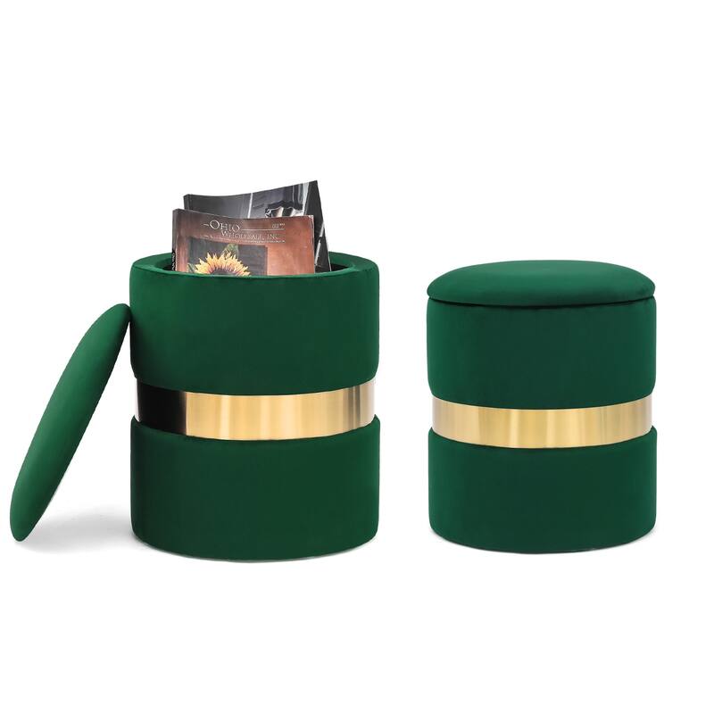 Adeco Set of 2 Velvet Storage Ottoman Round Foot Stool Metal Band