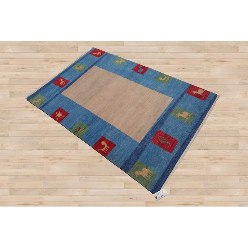 Hand Knotted Gabbeh Beige, Blue Persian Wool Modern Oriental Area Rug - 4' x 6'