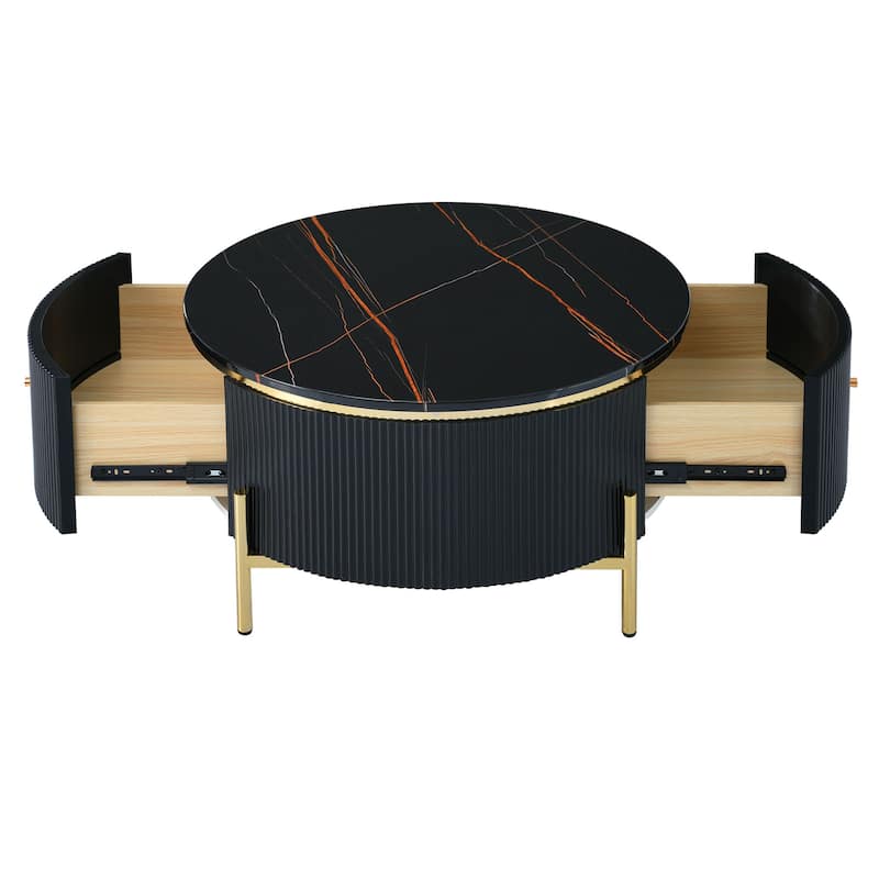 Accent Table Round Coffee Table with Metal Legs, Modern Center Table Black End Table Console Table with Drawer