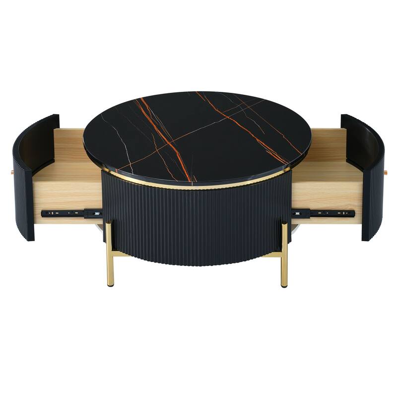 Roomfitters Modern Round Marble Coffee Table with Storage, Gold Metal Legs, 2 Hidden Compartments 31.5"