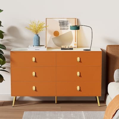 6 Drawer Dresser with Leather Pattern Drawers Faux Marble Top Dresser Gold Handles for Bedroom