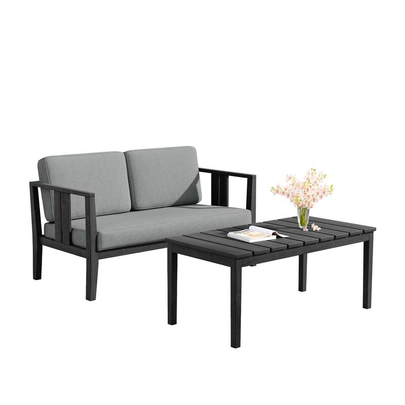 Uixe Teak Patio Loveseat with Coffee Table Outdoor Conversation Set