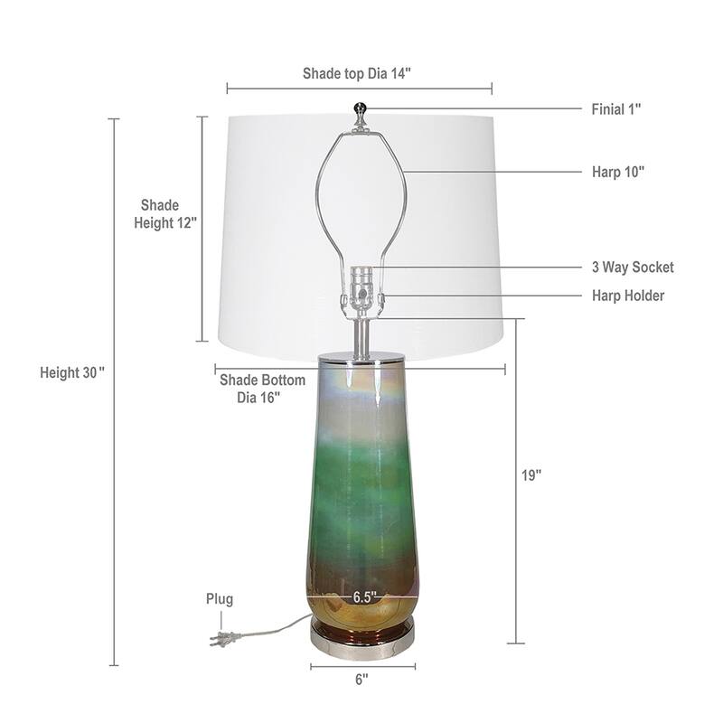 16x16x30 Inch Multicolor Glass Table Lamp with Linen Drum Shade Modern Home Lighting