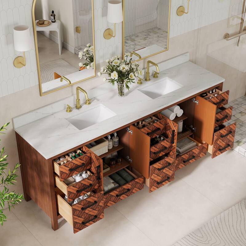 84" Freestanding Bathroom Vanity with Engineered Stone Top, Ceramic Double-Sink, Built-In Power Outlet, and Hair Dryer Storage