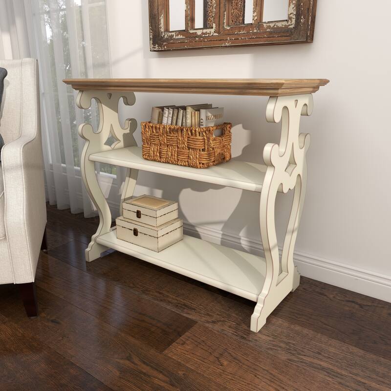 White Wood Scroll Side Frames 2 Shelf Console Table with Brown Wood Top - White or Black