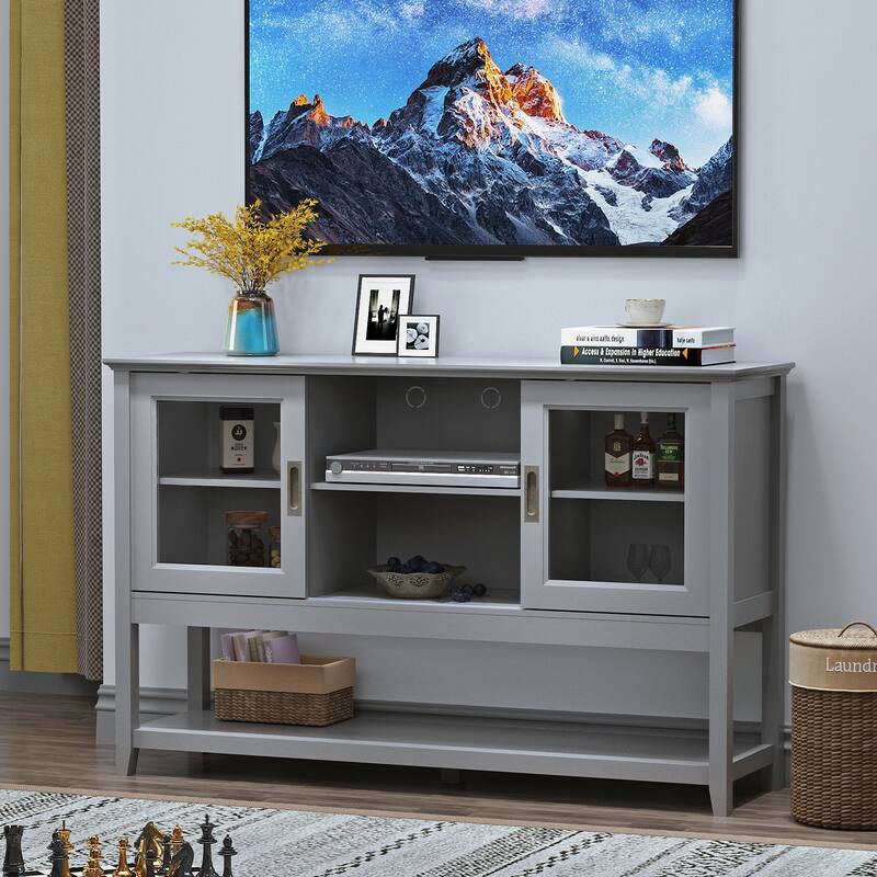 Anmytek Grey Sideboard Buffet with Tempered Glass Doors Living Room Storage Cabinet