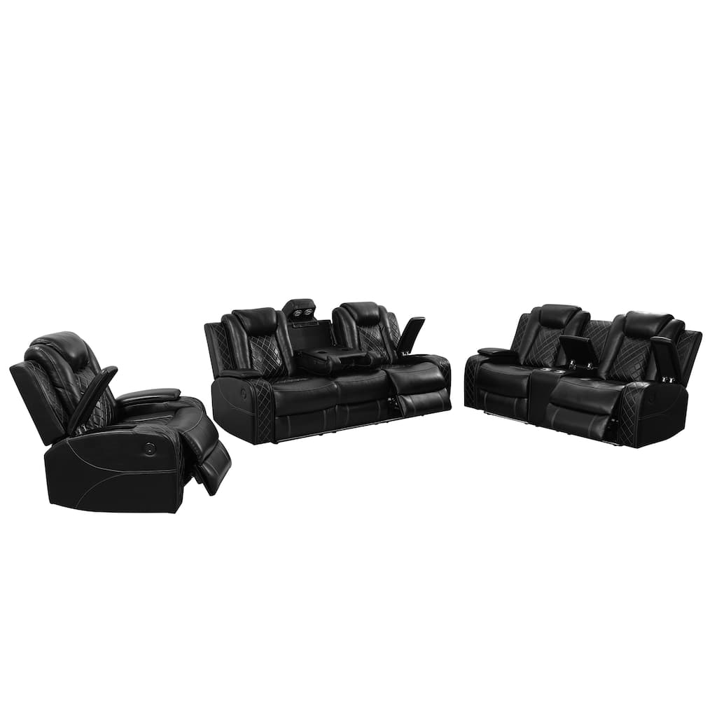 LED Breathing Leather 3-Piece Living Room Recliner Sofa Set