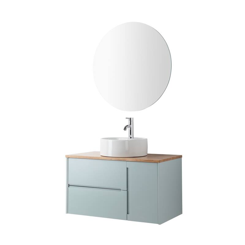 GDFStudio - 36-Inch Wall-Mounted Bathroom Vanity Solid Wood Natural Top, Round Art Ceramic Sink & Round Mirror