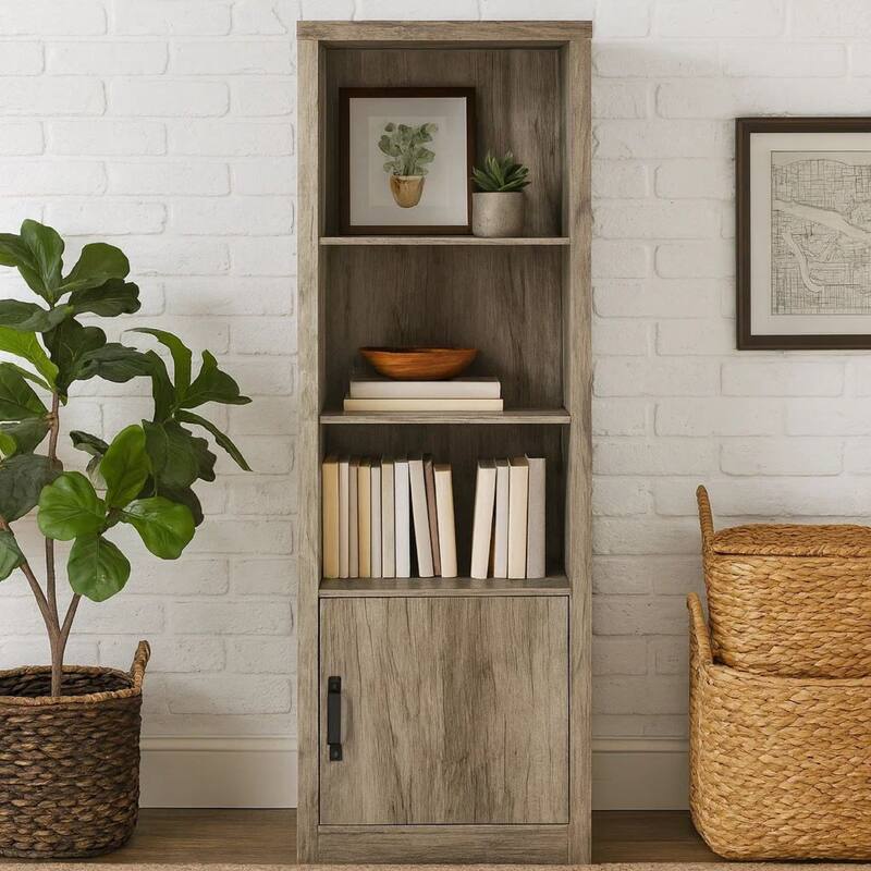 Sac 71 Inch Media Pier Tower with 3 Shelves and Single Cabinet, Gray Wood