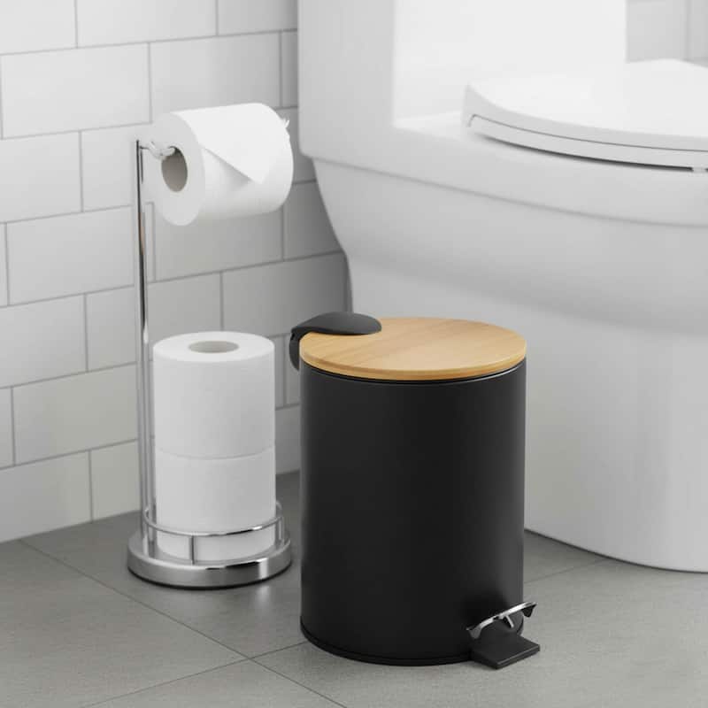 Stylish Trash Can with Bamboo Lid and Pedal, 2.5L Capacity - 9.2" H x 8" L x 8" W - Black