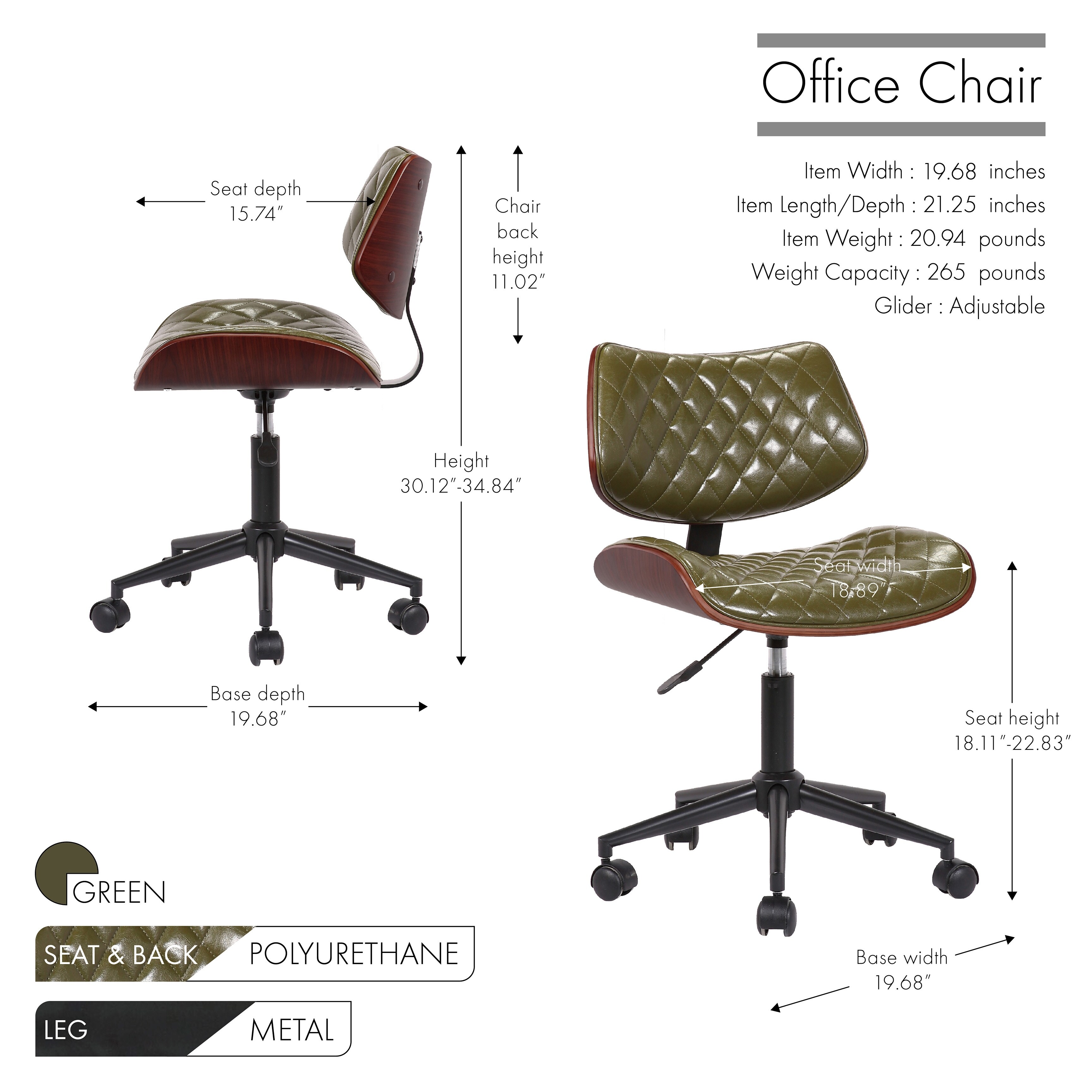 Porthos Home Zara PU Leather Office Chair with Metal Roller Base