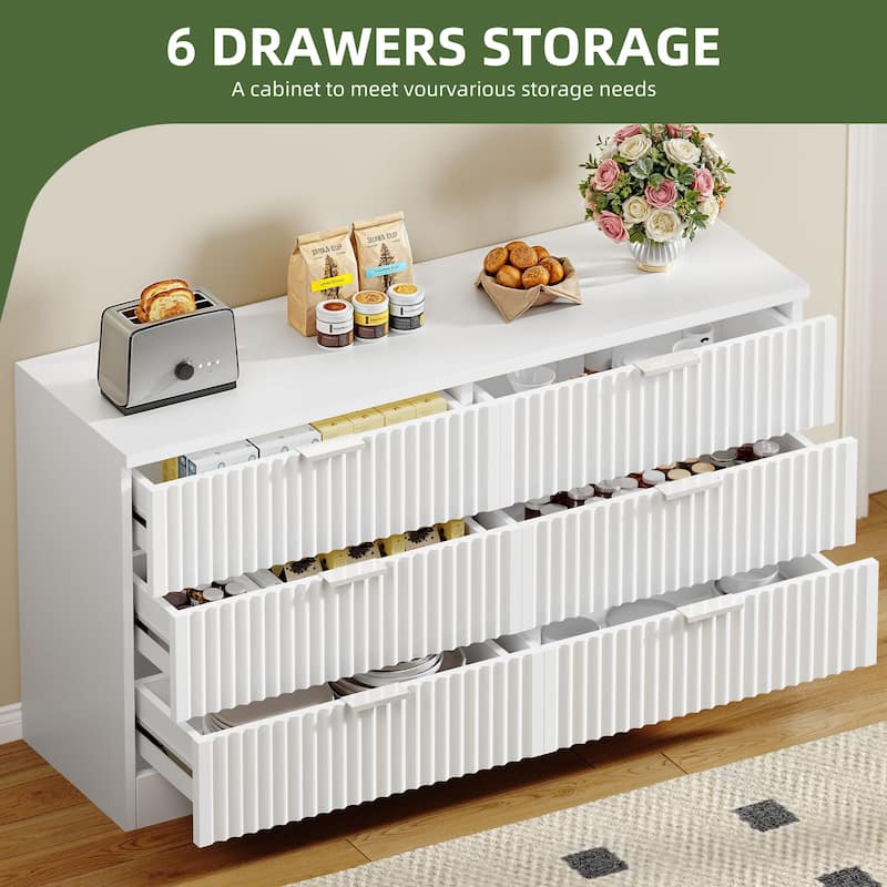 47" Wide Fluted 6 Drawers Dresser, Curved Profile Design Dresser