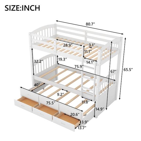 Wood Bunk Bed with Trundle and Drawers, White