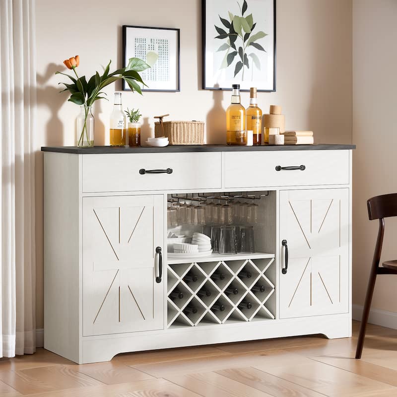 55'' Farmhouse Wine Bar Cabinet with Hutch & 10 Wink Racks