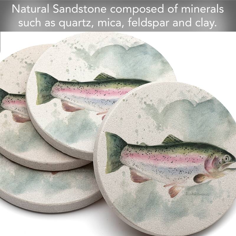 Rainbow Trout 4 Pack Round Natural Sandstone Coasters with Protective Cork Backing Manufactured in The USA