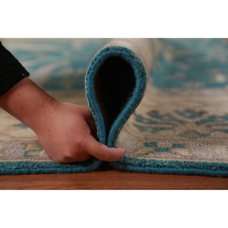Teal Blue Oushak Indian Area Rug Hand-Knotted Wool Carpet - 9'2" x 11'11"