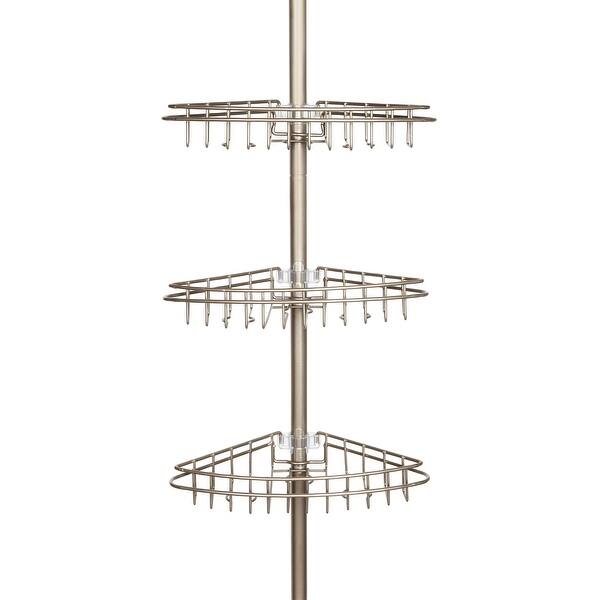 Kenney 3-Tier Stainless Steel Spring Tension Shower Corner Pole Caddy with Four Clip-on Hooks and Razor Holders, Satin Nickel Kenney 3-Tier Stainless Steel Spring Tension Shower Corner Pole Caddy with Four Clip-on Hooks and Razor Holders, Satin Nickel