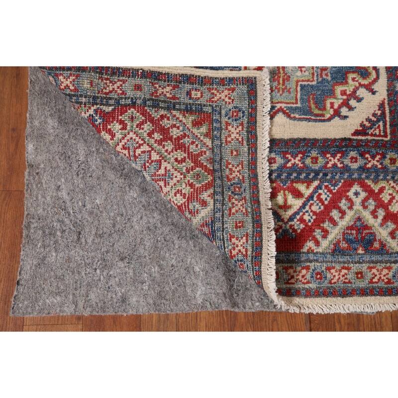 Geometric Kazak Runner Rug Handmade Beige Oriental Wool Carpet - 2'7" x 15'5"