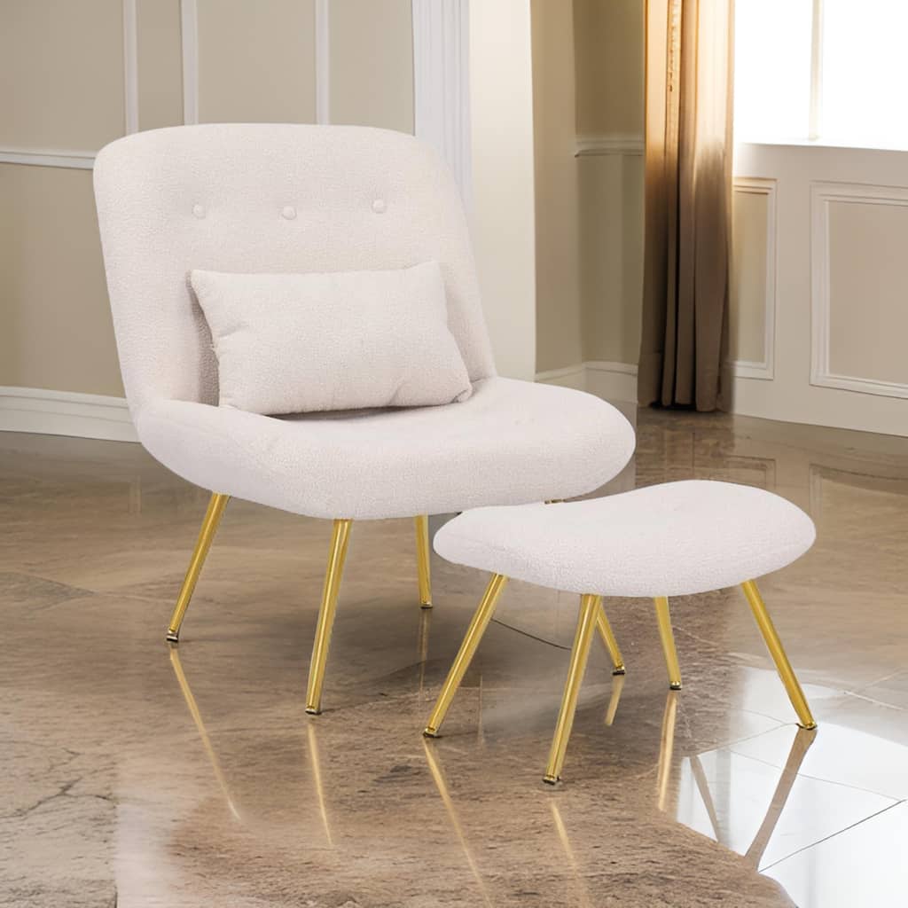 Lea 2pc Accent Lounge Chair and Ottoman Set, Tan Teddy Upholstery, Gold