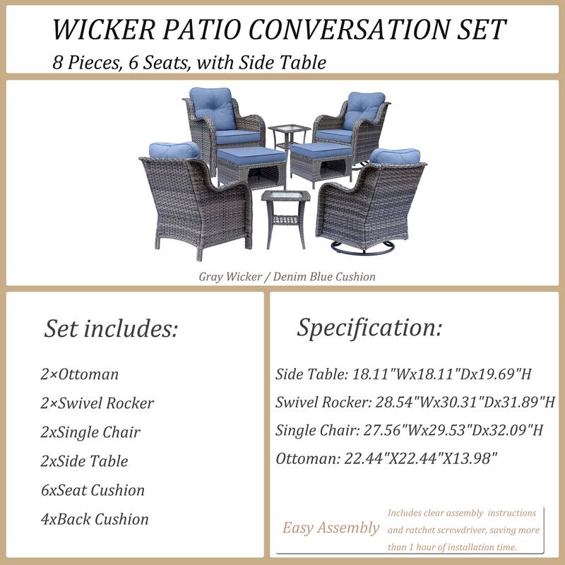 8 Piece Outdoor Wicker Patio Furniture Swivel Glider Chair Ottoman Set