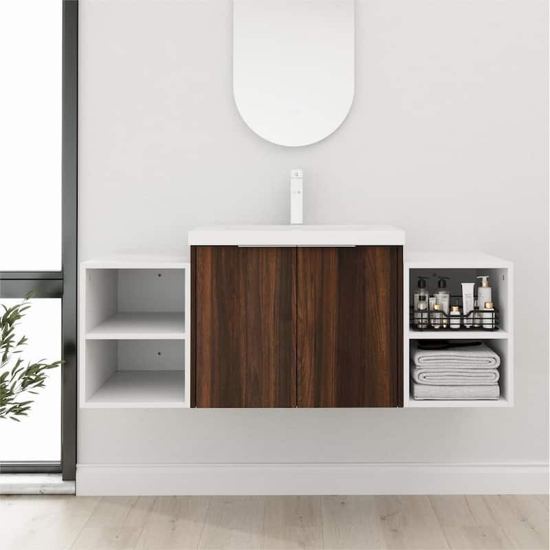 Bathroom Vanity With Sink In 24/36/48/60/72/84 Inch, Floating Bathroom Vanity With Soft Close Door and Shelf - 47.7''W - CaliforniaWalnut