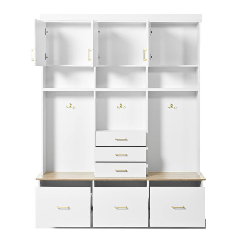 75" Entryway Hall Tree with Bench 5-in-1 Modern Storage Bench with Coat Rack, 6 Drawers, Cabinets & Shelves for Hallway, Mudroom