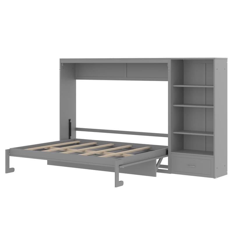 Murphy Bed Queen Size Wall Bed Heavy Duty Cabinet Bed Frame with with 4-Tier Storage Compartments 1 Drawer Convertible Bed