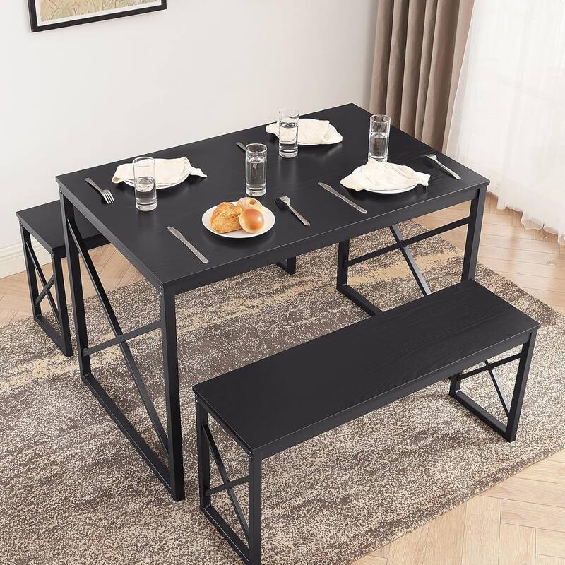 44.3" Dining Table with Benches Kitchen Table set for 4 Rectangular Dining Room Table Set with 2 Metal Wood Benches