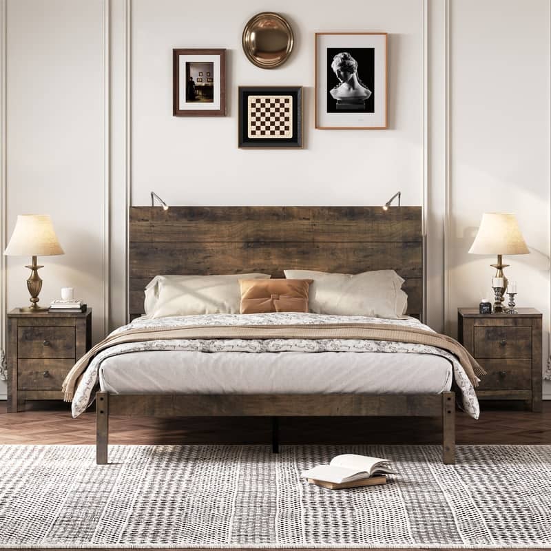 3-Piece Bedroom Sets Queen Size Platform Bed w Nightstands Antique Walnut/Rustic Gray/Black Gold