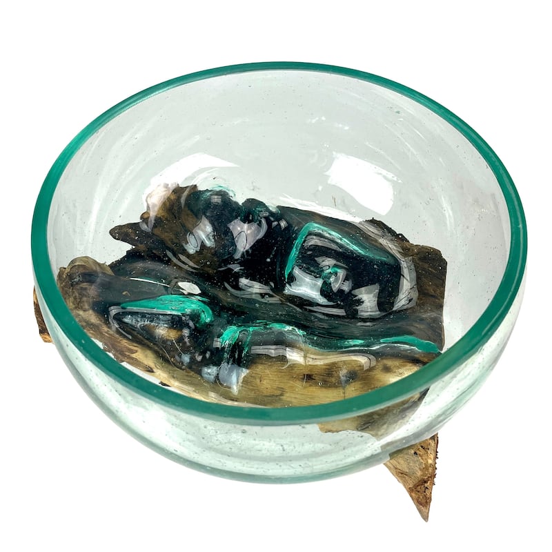 Molten Glass Bowl On Driftwood 10" Hand Blown Decorative Centerpiece