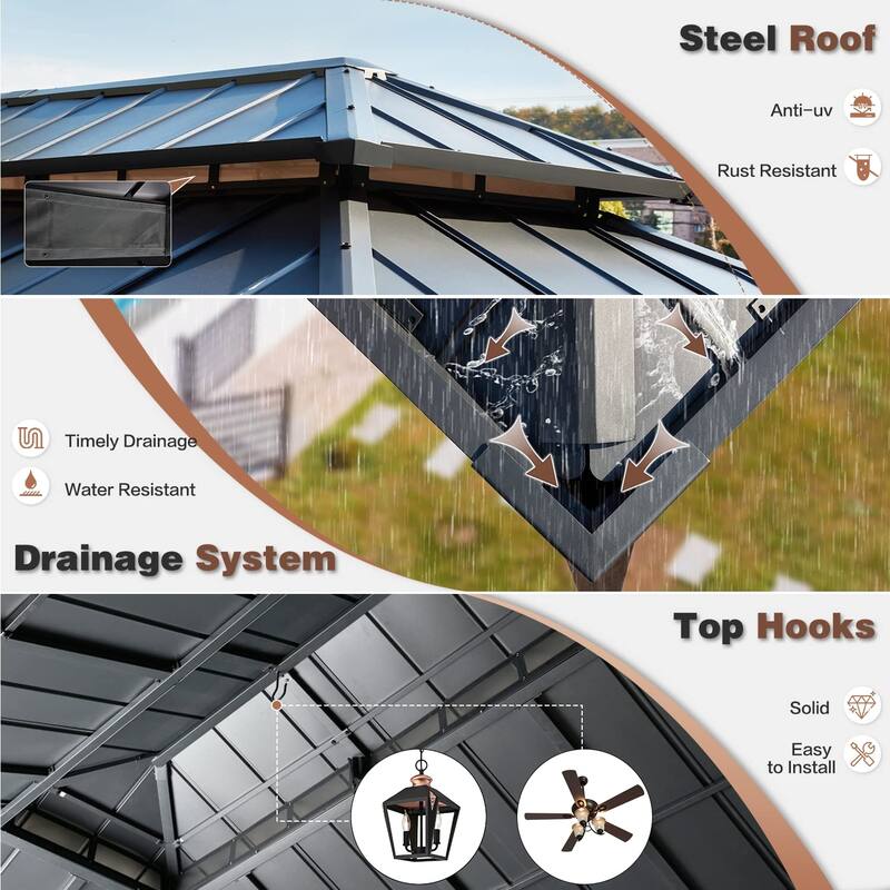 EROMMY Hardtop Gazebo Metal Gazebo with Faux Wood Grain Aluminum Frame, Outdoor Patio Gazebo Pergola