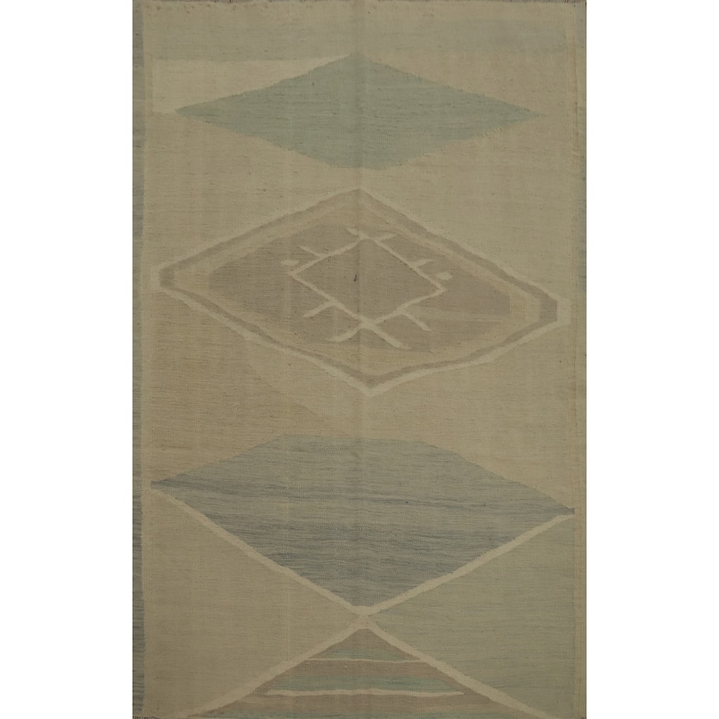 Hand Woven Oriental 100% Wool Carpet Southwestern Modern Beige & Ivories Kilim Area Rug - 6' 5'' X 4' 8''