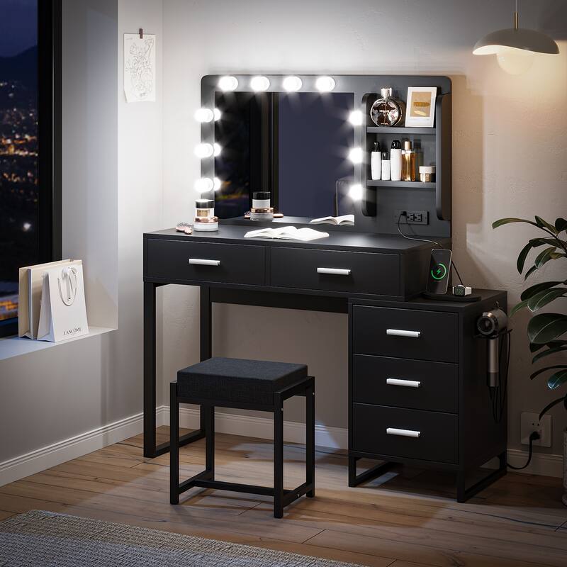 Vanity Desk with Lights and Mirror, Makeup Table with Charging Station, Vanity Table Set with Drawers and Cabinet