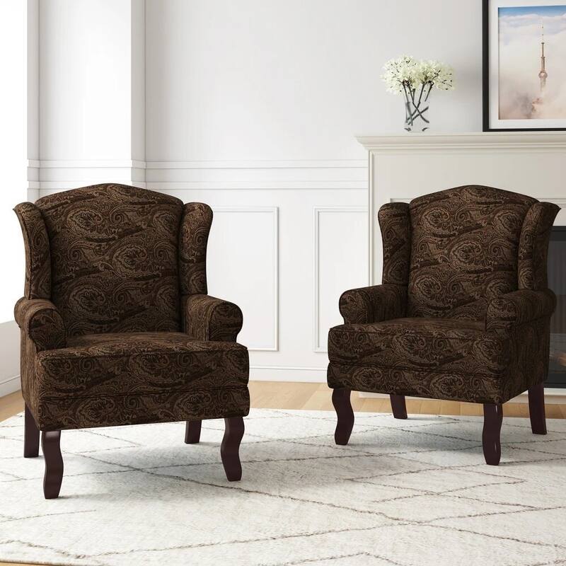 2 Set Traditional Wingback Accent Chairs Upholstered Armchair