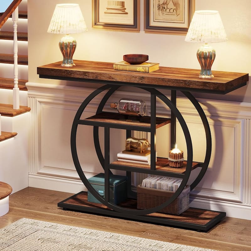 41.3" Console Table, Industrial 4-Tier Entryway Table with Circle Base - 41.3" W x 11.8" D x 31.5" H