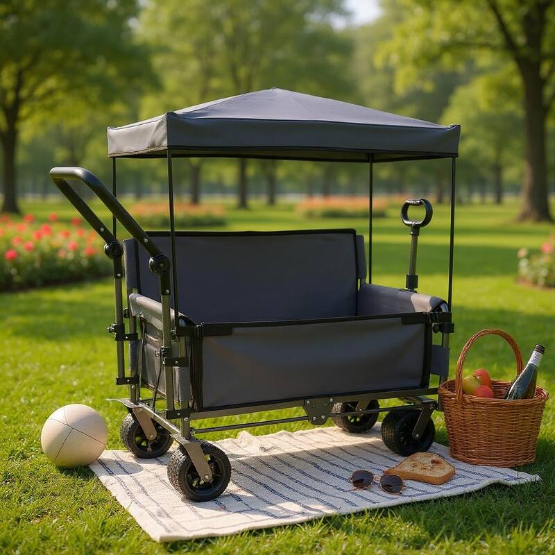 3-in-1 Folding Wagon with Bench Seat & Canopy - 500lb Heavy-Duty All-Terrain Cart, Gray