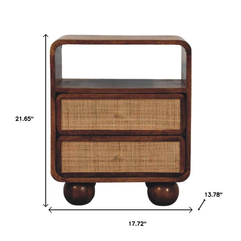 HomeRoots 22" Chestnut And Natural Solid Wood Cane Rattan Two Drawer Nightstand